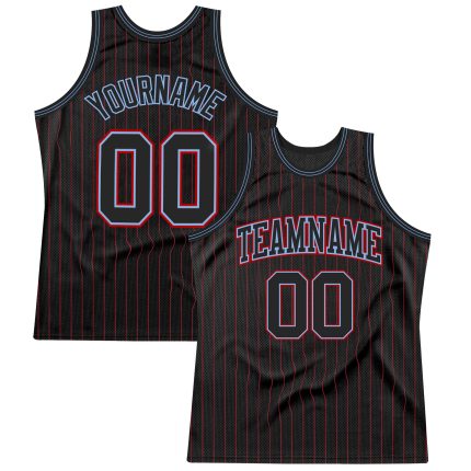 Custom Basketball Jersey with Personalized Name & Number - Black Red Light Blue Pinstripe Design Personalized Black Red Pinstripe