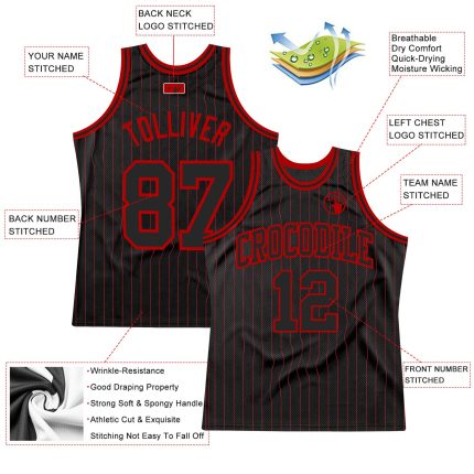 Personalized Black Red Pinstripe Basketball Jersey - Custom Sports Apparel Personalized Black Red Pinstripe Black-Red Basketball