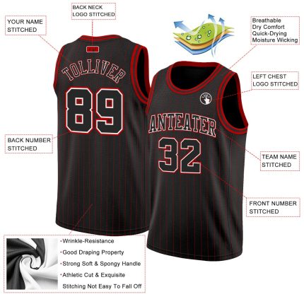 Custom Basketball Jersey Personalized with Name and Number Black Red Pinstripe Authentic Black White Design Personalized