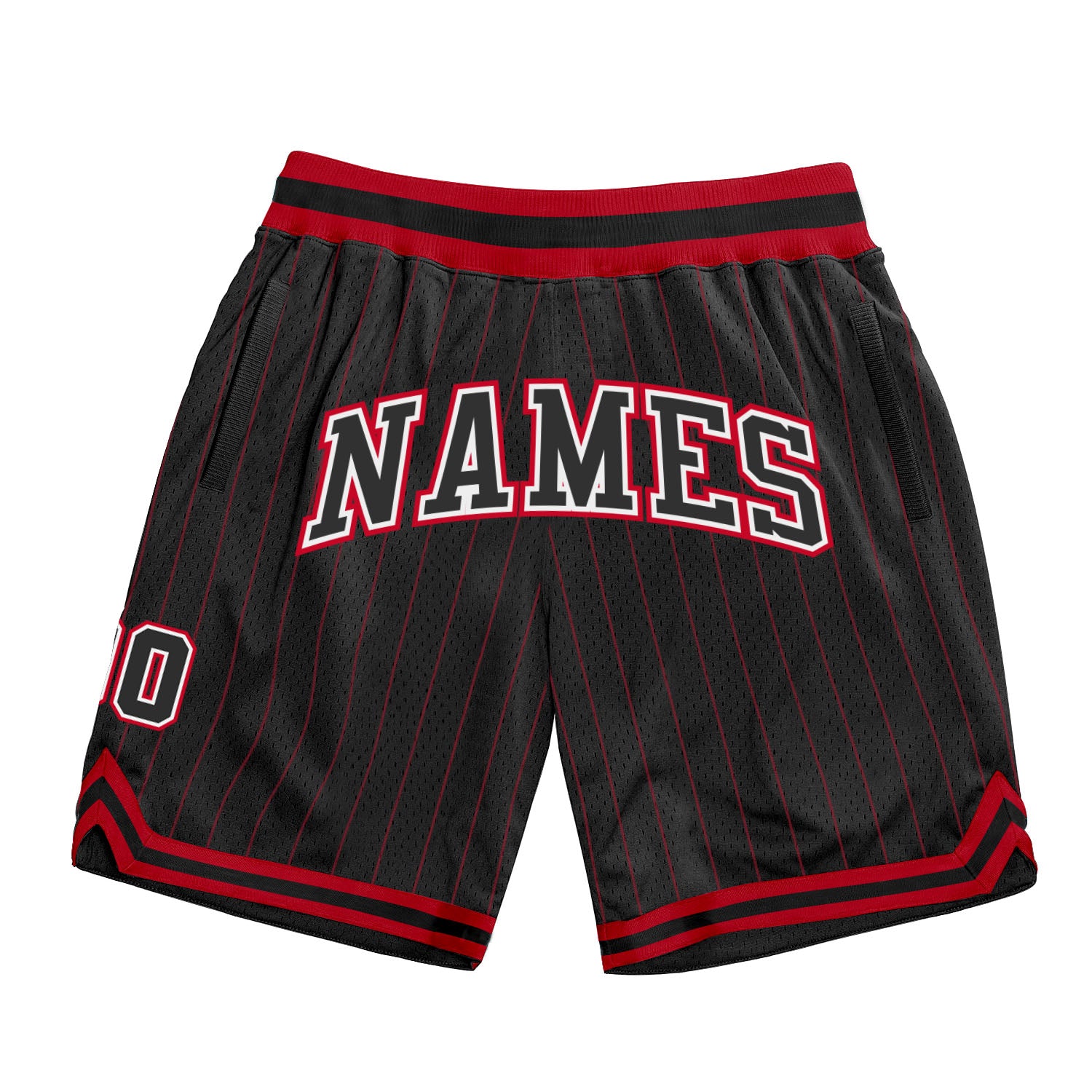 Custom Team Name Number Authentic Basketball Shorts - Personalized Black Red Pinstripe Style Personalized Black Red Pinstripe