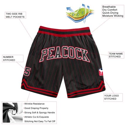 Custom Team Name Number Authentic Basketball Shorts - Personalized Black Red Pinstripe Style Personalized Black Red Pinstripe