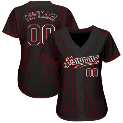 Personalized Black Red Pinstripe Baseball Jersey for Men and Women - Custom Name and Number Personalized Black Red Pinstripe