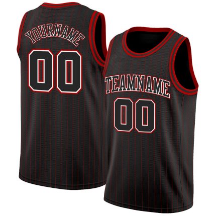 Personalized Basketball Jersey Black Red Pinstripe Custom Design Personalized Black Red Pinstripe Black-White Basketball