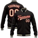 Personalized Varsity Letterman Jacket - Black Red Pinstripe Full-Snap Cream Bomber Personalized Black Red Pinstripe Cream