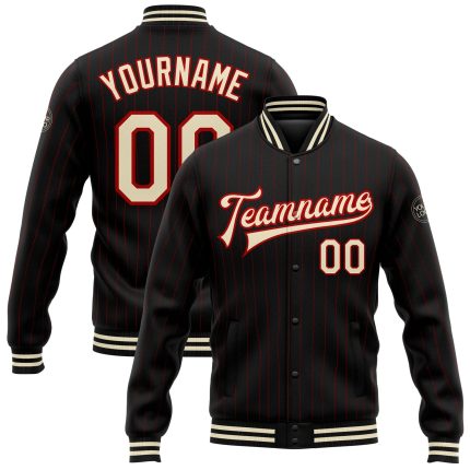 Personalized Varsity Letterman Jacket - Black Red Pinstripe Full-Snap Cream Bomber Personalized Black Red Pinstripe Cream