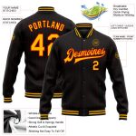 Custom Name Number Black Red Pinstripe Gold Bomber Varsity Letterman Jacket - Personalized Team Full-Snap Outerwear Personalized