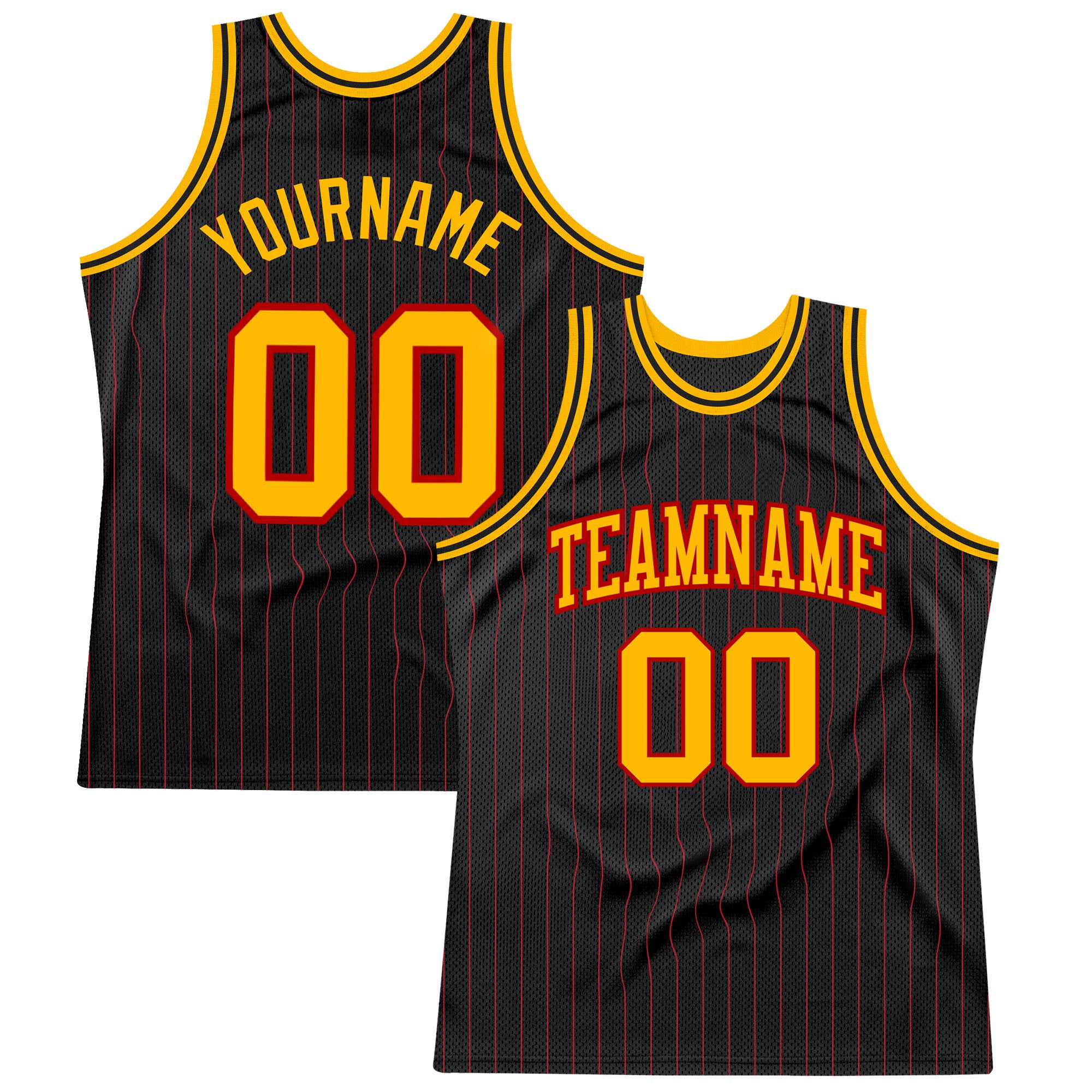 Custom Personalized Basketball Jersey with Black Red Pinstripe and Gold-Red Accents - Team Name & Number Personalized Black