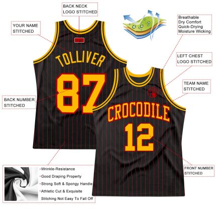 Custom Personalized Basketball Jersey with Black Red Pinstripe and Gold-Red Accents - Team Name & Number Personalized Black