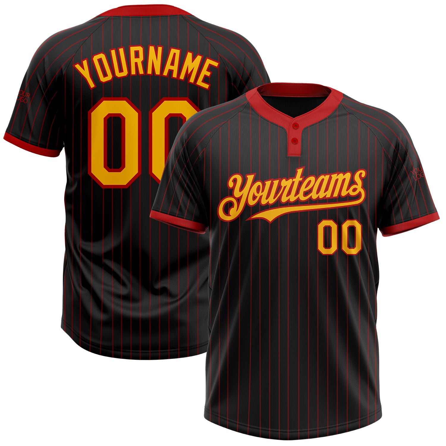 Custom Name Number Two-Button Unisex Softball Jersey - Personalized Black Red Pinstripe Design Personalized Black Red Pinstripe