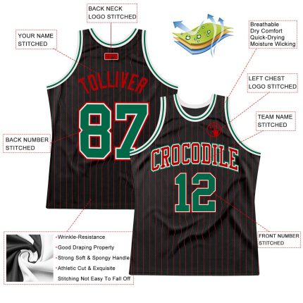 Custom Basketball Jersey Personalized with Team Name and Number, Black Red Pinstripe, Kelly Green-Red Authentic Style Personalized