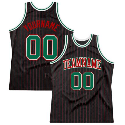 Custom Basketball Jersey Personalized with Team Name and Number, Black Red Pinstripe, Kelly Green-Red Authentic Style Personalized