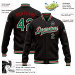 Personalized Bomber Jacket Black Red Pinstripe Kelly Green White Full-Snap Varsity Letterman Personalized Black Red Pinstripe