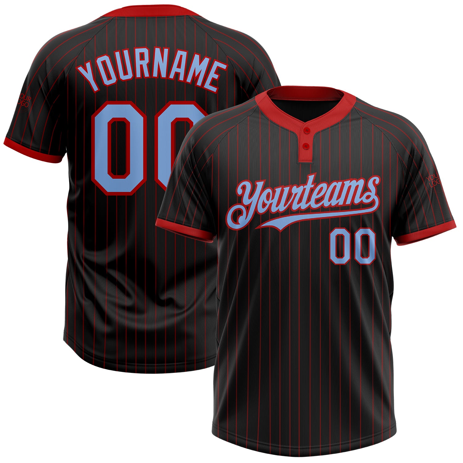 Custom Name Number Softball Jersey Unisex Two-Button Light Blue Black Red Pinstripe Design - Personalized Team Apparel Personalized