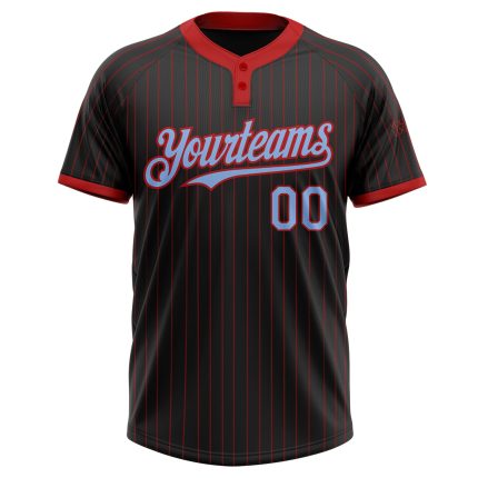 Personalized Unisex Softball Jersey - Black Red Pinstripe Light Blue Two-Button Design Personalized Black Red Pinstripe Light