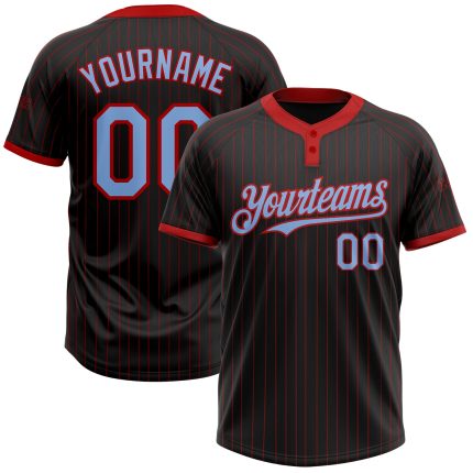 Personalized Unisex Softball Jersey - Black Red Pinstripe Light Blue Two-Button Design Personalized Black Red Pinstripe Light