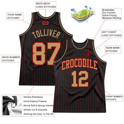 Personalized Black Red Pinstripe Basketball Jersey with Old Gold-Red Accents Personalized Black Red Pinstripe Old Gold-Red