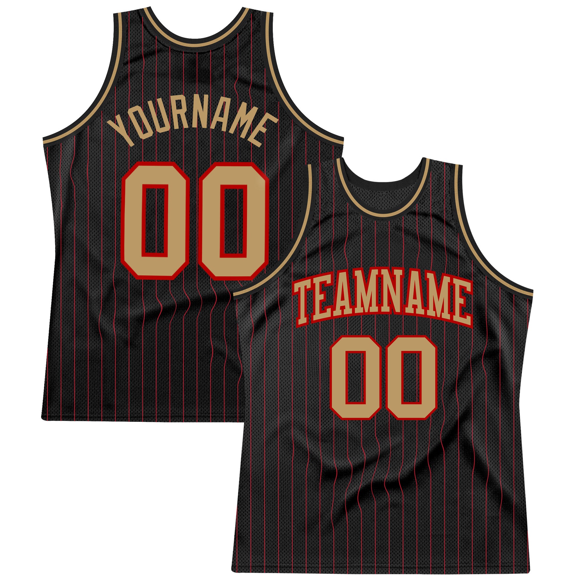 Personalized Black Red Pinstripe Basketball Jersey with Old Gold-Red Accents Personalized Black Red Pinstripe Old Gold-Red