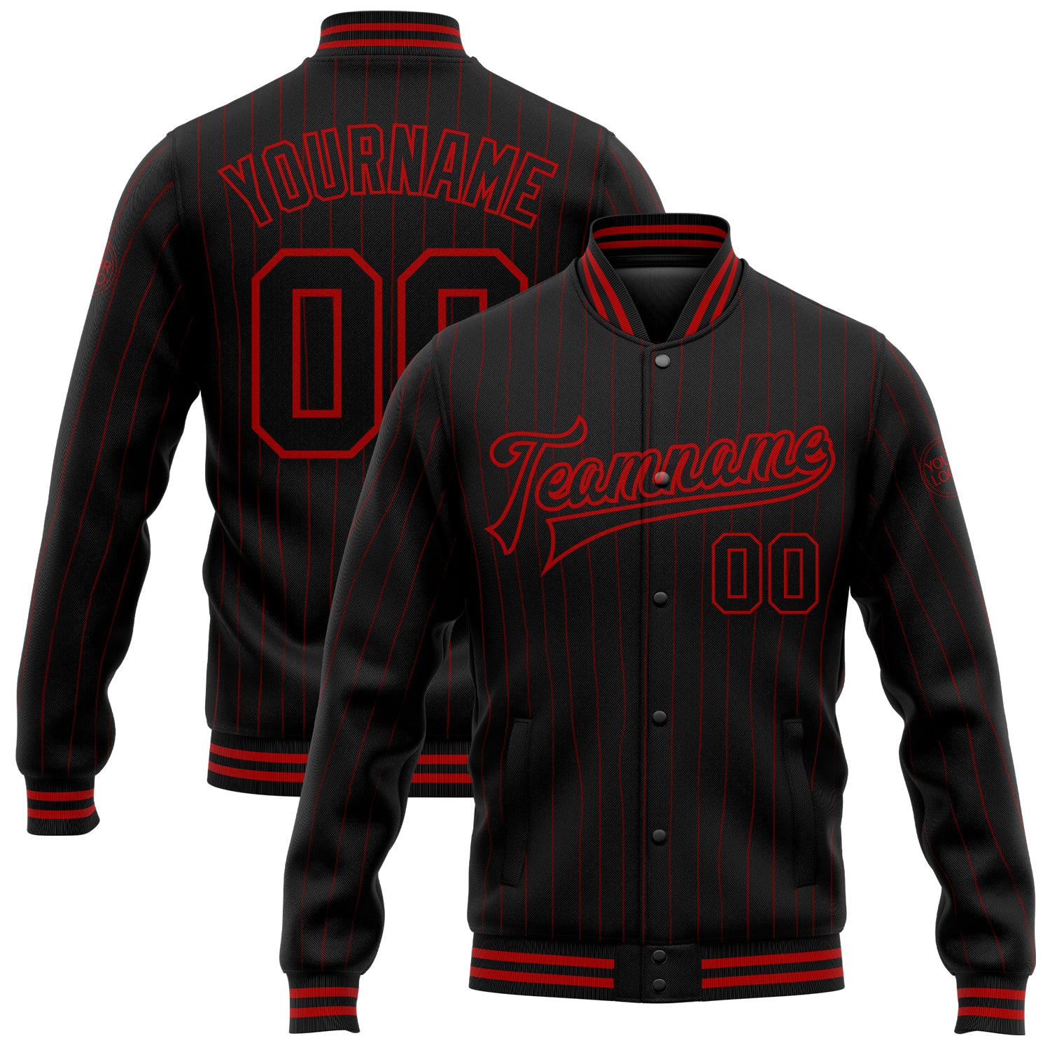 Custom Name and Number Personalized Black Red Pinstripe Bomber Varsity Letterman Jacket Personalized Black Red Pinstripe
