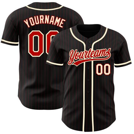 Custom Black Red Pinstripe Baseball Jersey for Men Women - Personalized Red-Cream Design Personalized Black Red Pinstripe