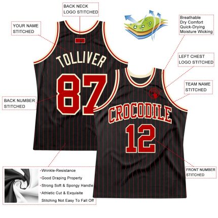 Personalized Black Red Pinstripe Basketball Jersey - Custom Team Jersey Personalized Black Red Pinstripe Red-Cream Basketball