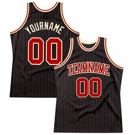 Personalized Black Red Pinstripe Basketball Jersey - Custom Team Jersey Personalized Black Red Pinstripe Red-Cream Basketball