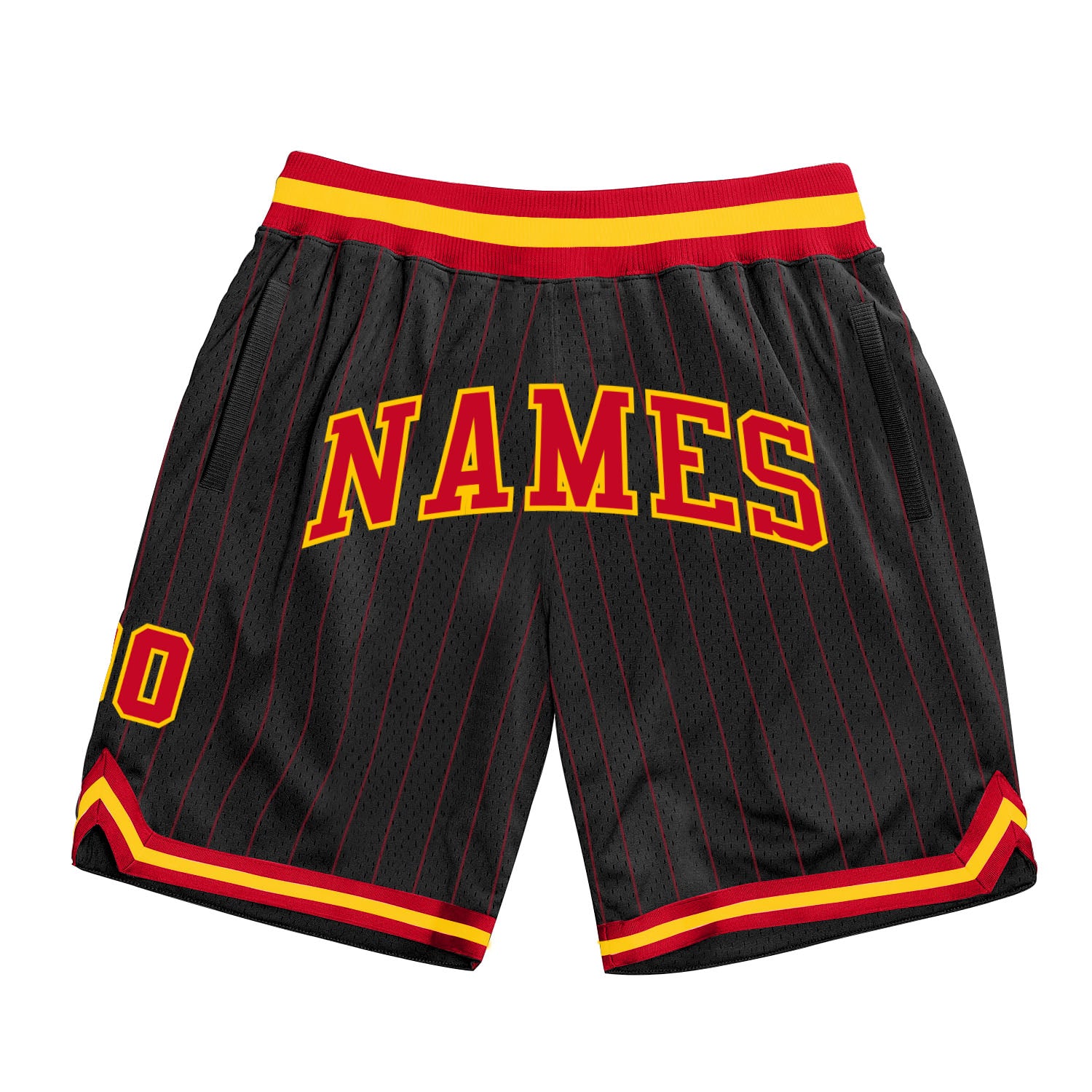 Custom Name Number Basketball Shorts Authentic Black Red Pinstripe Red-Gold Design Personalized Black Red Pinstripe Red-Gold