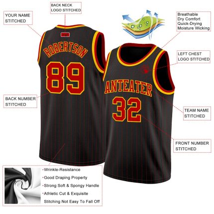 Personalized Black Red Pinstripe Basketball Jersey - Custom Red-Gold Design Personalized Black Red Pinstripe Red-Gold Basketball