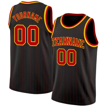 Personalized Black Red Pinstripe Basketball Jersey - Custom Red-Gold Design Personalized Black Red Pinstripe Red-Gold Basketball