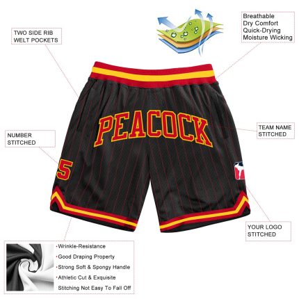 Personalized Black Red Pinstripe Basketball Shorts with Red Gold Trim Personalized Black Red Pinstripe Red-Gold Basketball