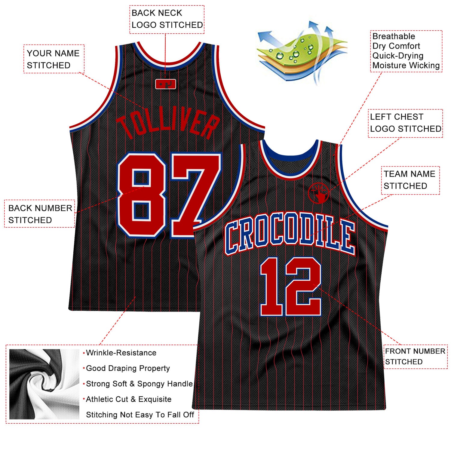 Personalized Black Red Pinstripe Red-Royal Authentic Basketball Jersey Team Custom Name and Number Custom Name Number Basketball Jersey - Personalized Black Red Pinstripe - Authentic Team Apparel Personalized Black Red Pinstripe - Image 2