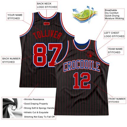 Personalized Red-Royal Basketball Jersey with Black Red Pinstripe Design Personalized Black Red Pinstripe Red-Royal Basketball