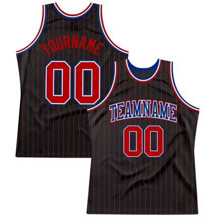 Personalized Red-Royal Basketball Jersey with Black Red Pinstripe Design Personalized Black Red Pinstripe Red-Royal Basketball