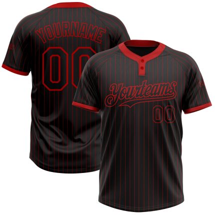 Personalized Two-Button Unisex Softball Jersey - Black Red Pinstripe Design Personalized Black Red Pinstripe Red Two-Button
