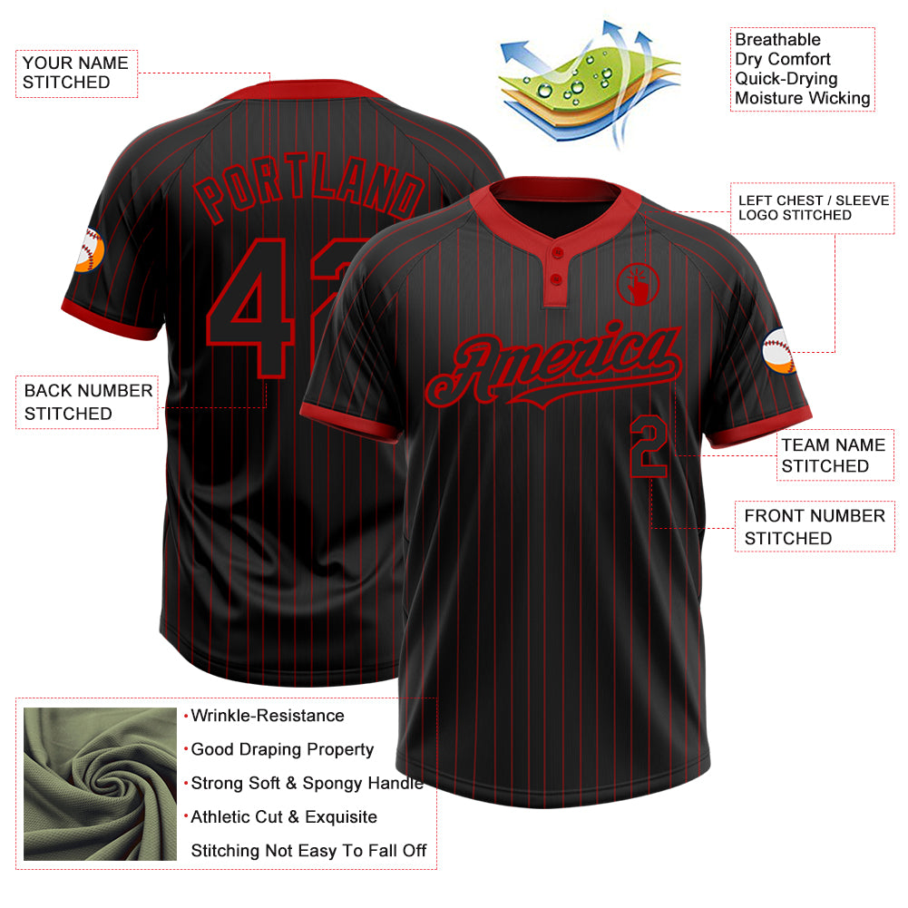 Personalized Black Red Pinstripe Red Two-Button Unisex Softball Jersey Team Custom Name and Number Custom Name and Number Unisex Softball Jersey, Personalized Black Red Pinstripe Two-Button Design Personalized Black Red - Image 3