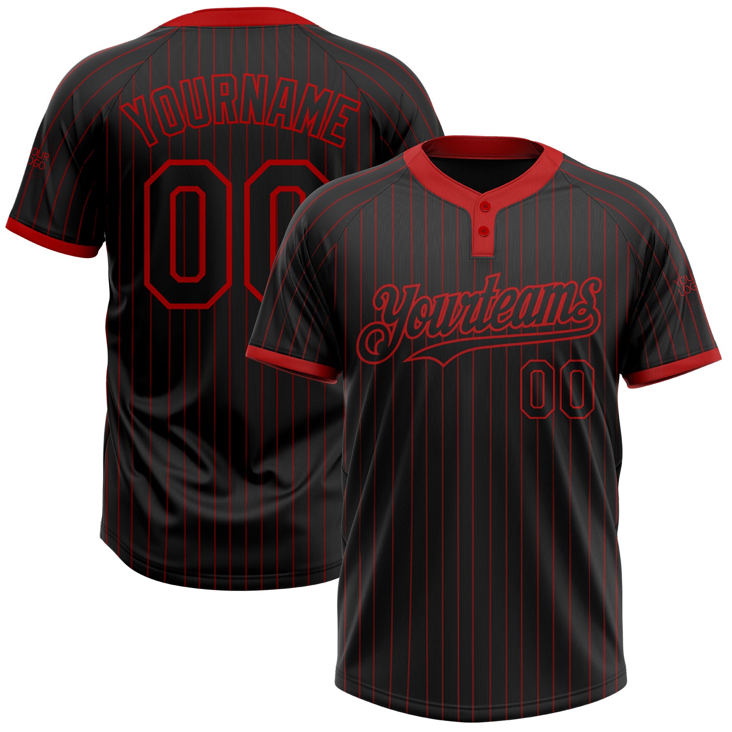 Custom Name and Number Unisex Softball Jersey, Personalized Black Red Pinstripe Two-Button Design Personalized Black Red