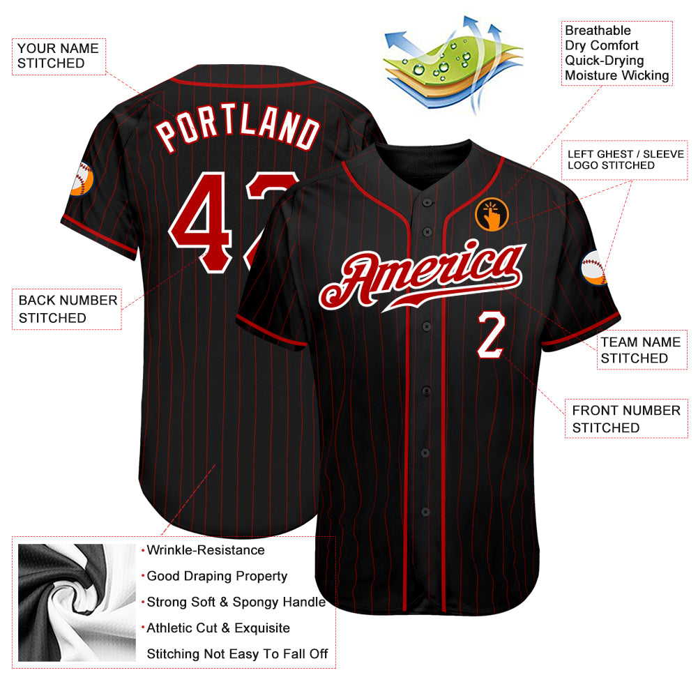 Personalized Black Red Pinstripe Red-White Authentic Baseball Jersey Personalized Authentic Baseball Jersey - Black Red Pinstripe Red-White Design Personalized Black Red Pinstripe Red-White - Image 3