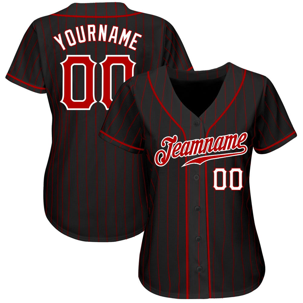 Personalized Black Red Pinstripe Red-White Authentic Baseball Jersey Personalized Authentic Baseball Jersey - Black Red Pinstripe Red-White Design Personalized Black Red Pinstripe Red-White - Image 2