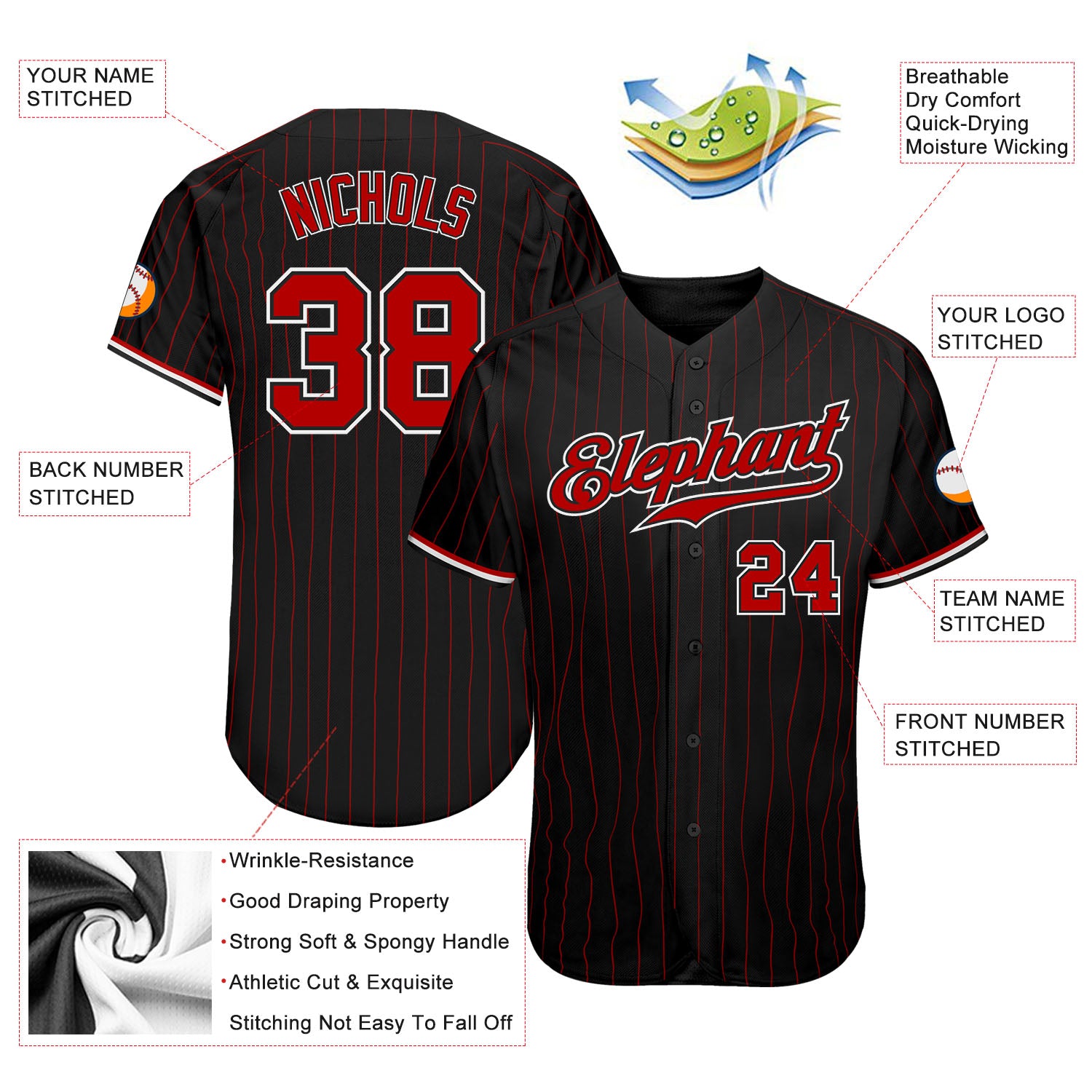 Personalized Red Black Pinstripe Baseball Jersey for Men and Women Personalized Black Red Pinstripe Red-White Baseball Jersey - Image 3