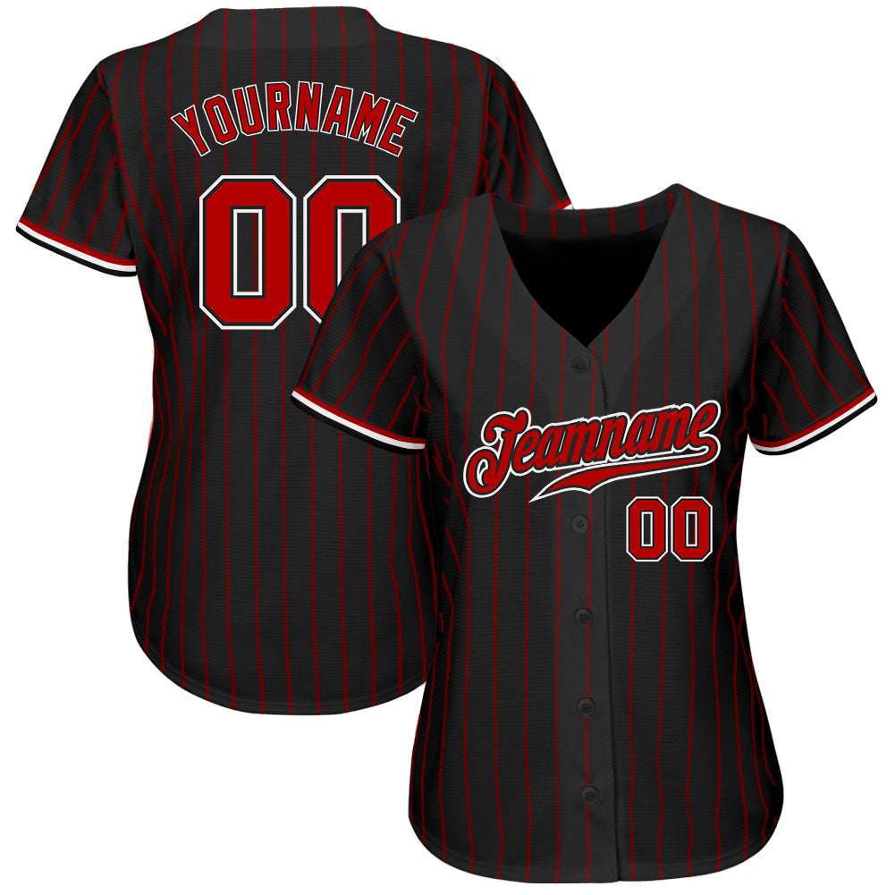 Personalized Red Black Pinstripe Baseball Jersey for Men and Women Personalized Black Red Pinstripe Red-White Baseball Jersey - Image 2