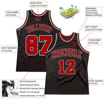 Personalized Red Black Pinstripe Basketball Jersey - Custom Sports Apparel Personalized Black Red Pinstripe Red-White Basketball