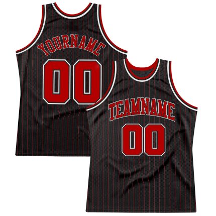 Personalized Red Black Pinstripe Basketball Jersey - Custom Sports Apparel Personalized Black Red Pinstripe Red-White Basketball