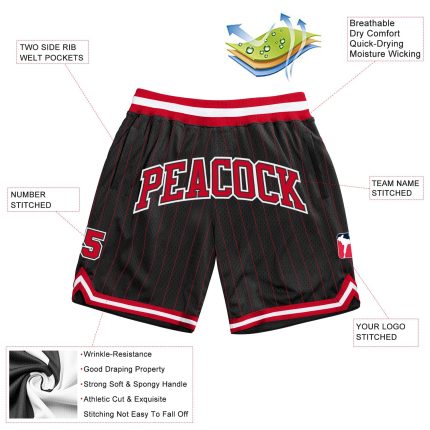 Personalized Red Black Pinstripe Basketball Shorts for Men and Women Personalized Black Red Pinstripe Red-White Basketball