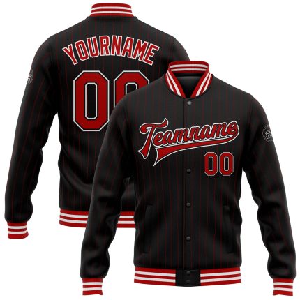Personalized Black Red Pinstripe Varsity Letterman Jacket - Full-Snap Bomber Style Personalized Black Red Pinstripe Red-White
