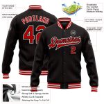 Personalized Black Red Pinstripe Varsity Letterman Jacket - Full-Snap Bomber Style Personalized Black Red Pinstripe Red-White
