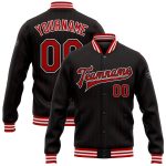 Custom Name Number Black Red Pinstripe Bomber Varsity Letterman Jacket Full Snap Personalized Black Red Pinstripe Red-White