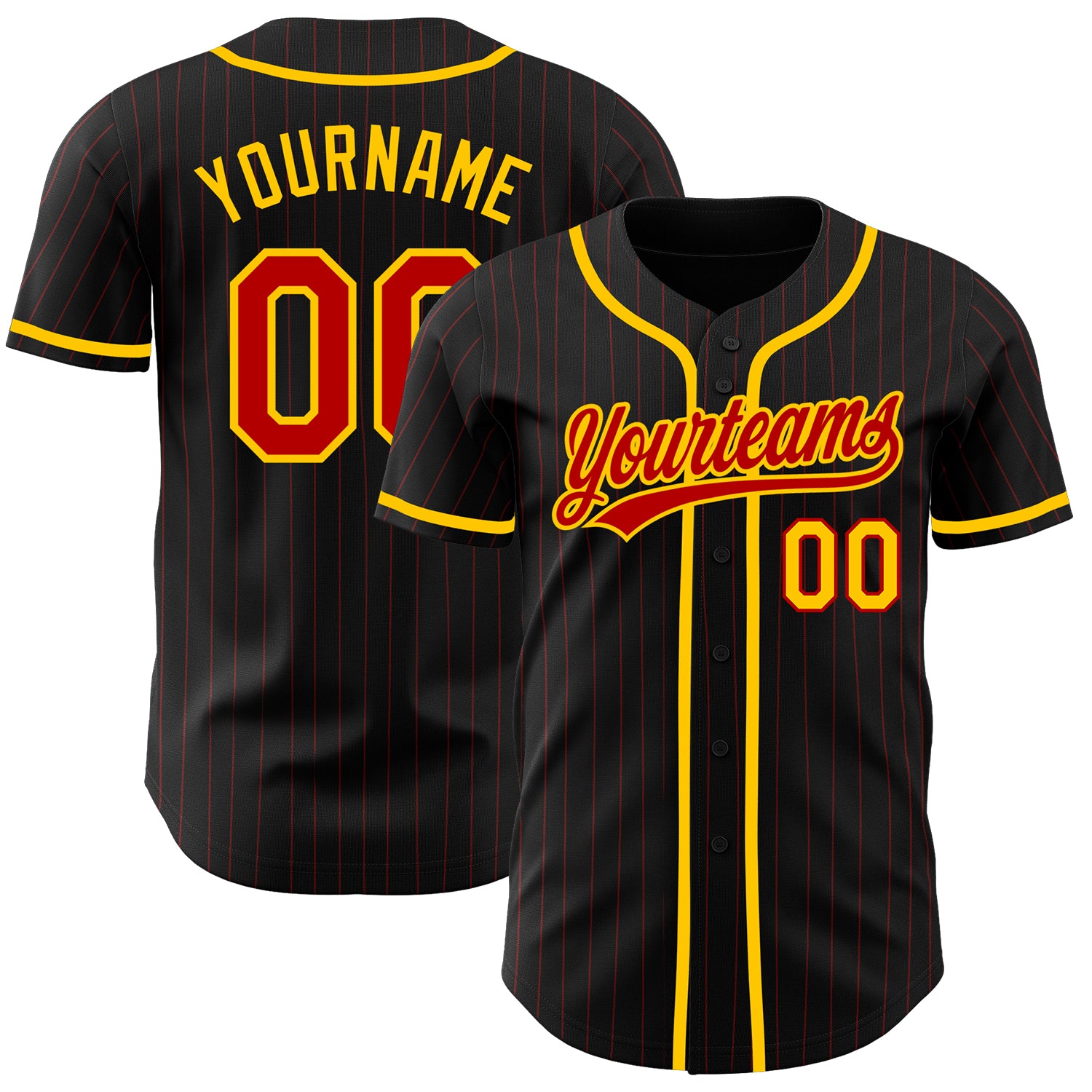Personalized Black Red Pinstripe Baseball Jersey with Red and Yellow Accents Personalized Black Red Pinstripe Red-Yellow