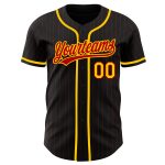 Personalized Black Red Pinstripe Baseball Jersey with Red and Yellow Accents Personalized Black Red Pinstripe Red-Yellow