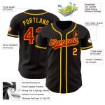Personalized Black Red Pinstripe Baseball Jersey with Red and Yellow Accents Personalized Black Red Pinstripe Red-Yellow