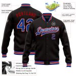 Personalized Black Red Pinstripe Bomber Jacket for Men - Royal-White Full-Snap Varsity Letterman Personalized Black Red Pinstripe
