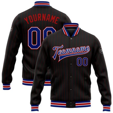 Personalized Black Red Pinstripe Bomber Jacket for Men - Royal-White Full-Snap Varsity Letterman Personalized Black Red Pinstripe